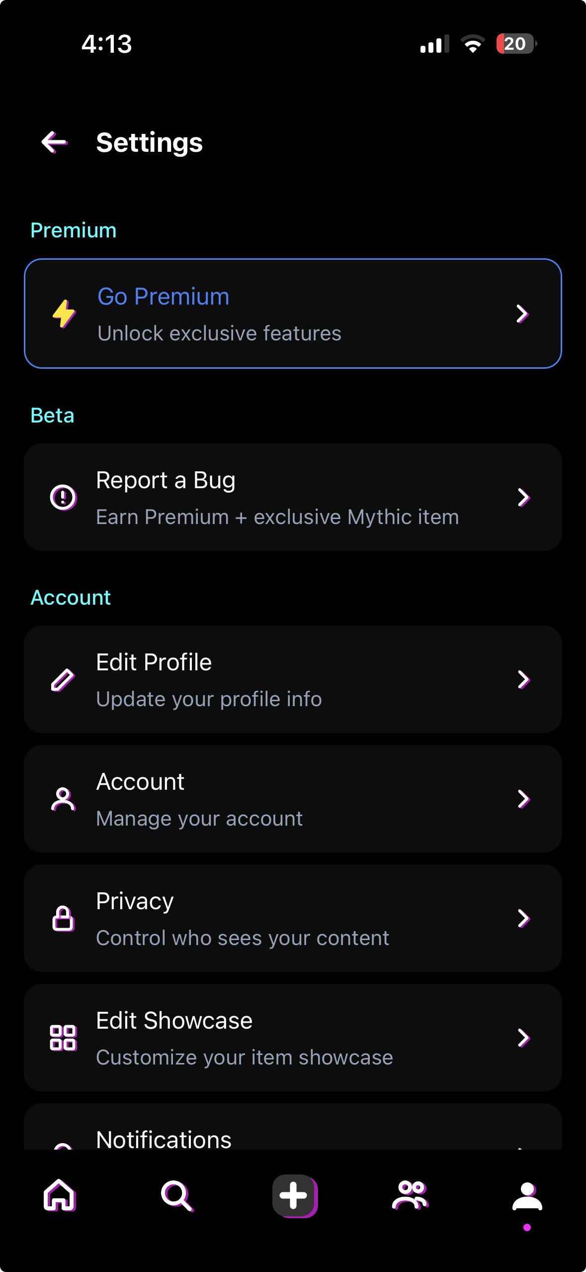 Settings screen showing Report a Bug option